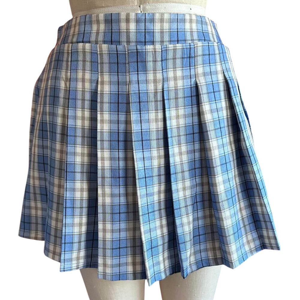 Womens Skort Size Medium Blue White Plaid Pleated Athletic Preppy Cosplay Tennis